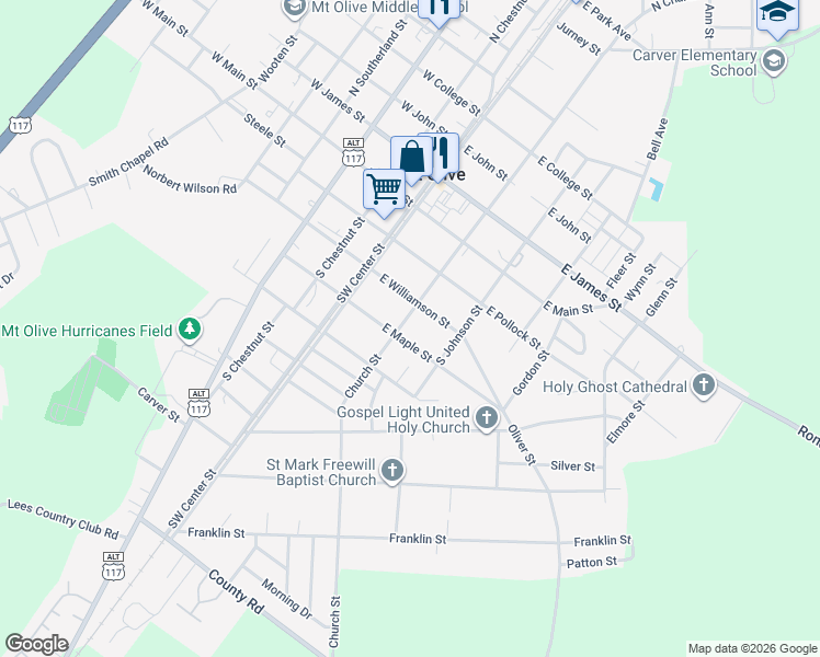 map of restaurants, bars, coffee shops, grocery stores, and more near 201 East Maple Street in Mount Olive