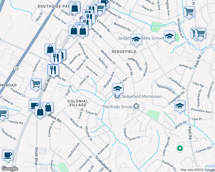 map of restaurants, bars, coffee shops, grocery stores, and more near 3301 Mayfield Avenue in Charlotte