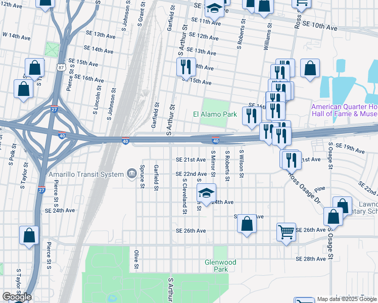 map of restaurants, bars, coffee shops, grocery stores, and more near 2008 South Cleveland Street in Amarillo