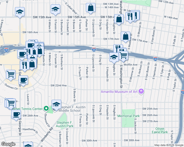 map of restaurants, bars, coffee shops, grocery stores, and more near 2039 South Lipscomb Street in Amarillo
