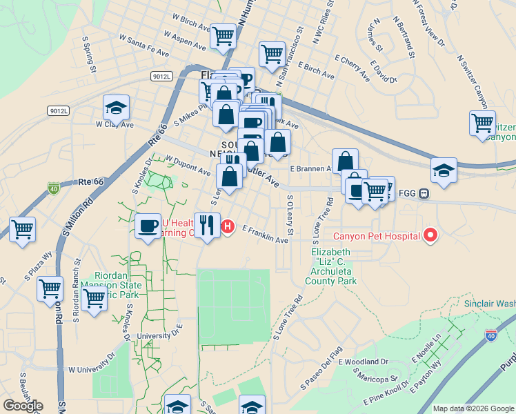 map of restaurants, bars, coffee shops, grocery stores, and more near 424 South Wc Riles Street in Flagstaff