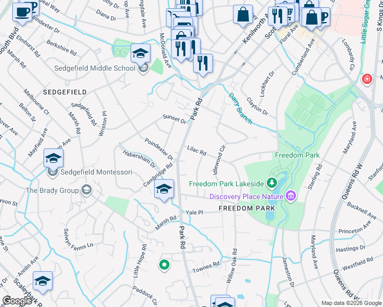 map of restaurants, bars, coffee shops, grocery stores, and more near 2900 Somerset Drive in Charlotte