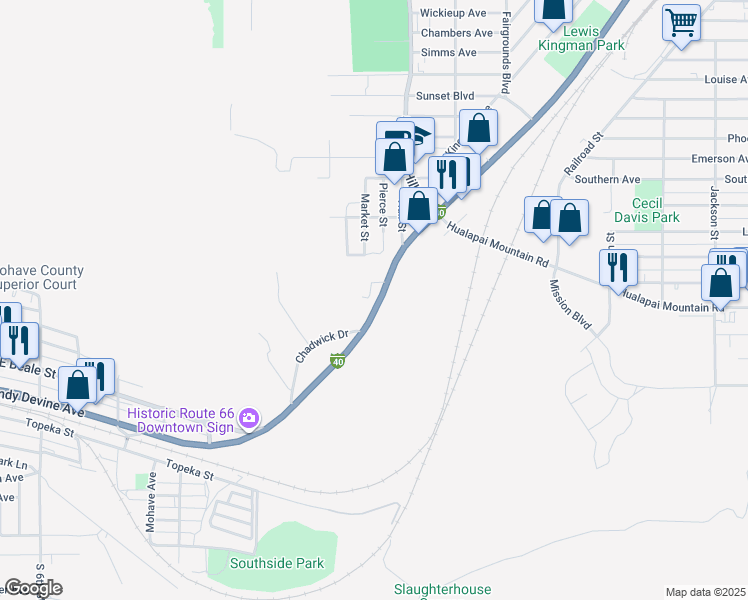 map of restaurants, bars, coffee shops, grocery stores, and more near 1415 East Andy Devine Avenue in Kingman