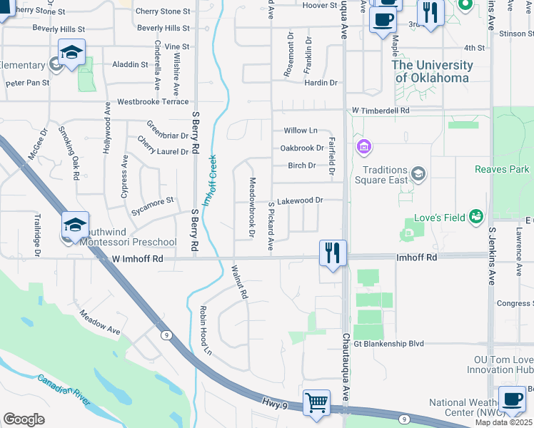 map of restaurants, bars, coffee shops, grocery stores, and more near 2710 South Pickard Avenue in Norman