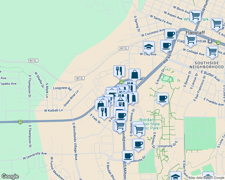 map of restaurants, bars, coffee shops, grocery stores, and more near 7 West Riordan Road in Flagstaff
