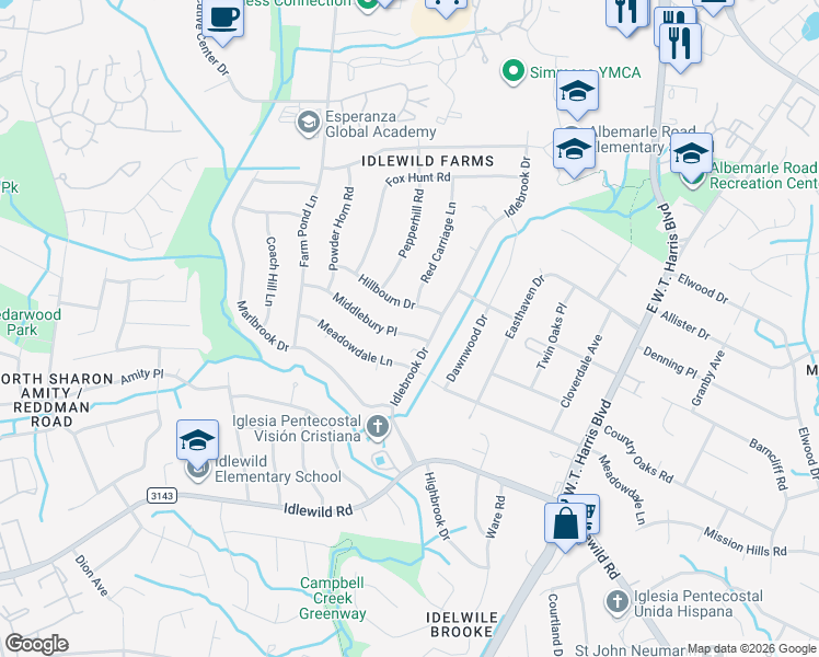map of restaurants, bars, coffee shops, grocery stores, and more near 7527 Middlebury Place in Charlotte