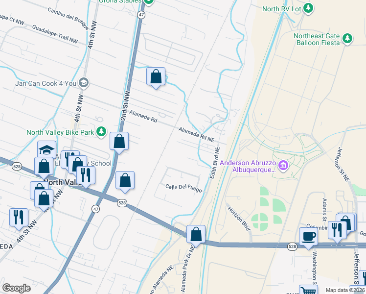 map of restaurants, bars, coffee shops, grocery stores, and more near 9819 Edith Boulevard Northeast in Albuquerque