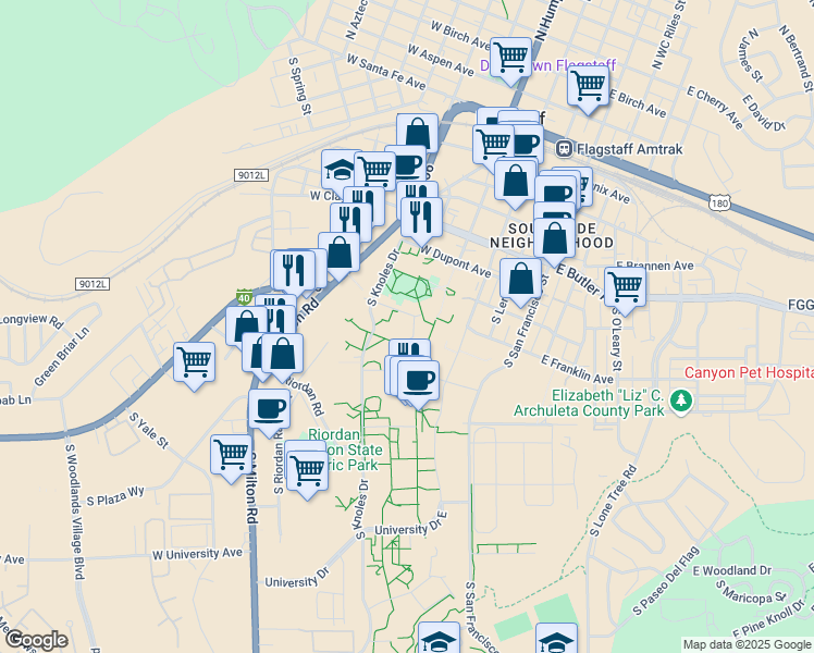 map of restaurants, bars, coffee shops, grocery stores, and more near South San Francisco Street in Flagstaff
