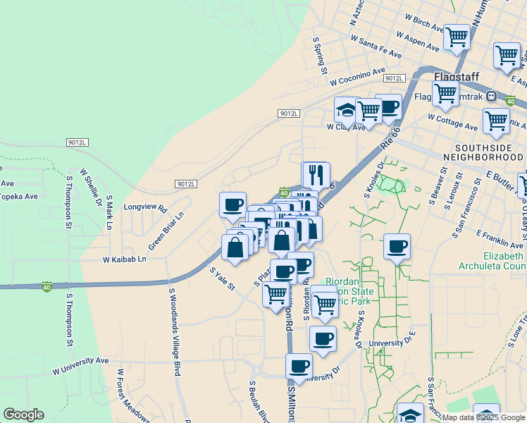 map of restaurants, bars, coffee shops, grocery stores, and more near 7 West Riordan Road in Flagstaff