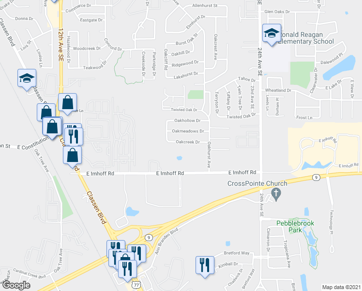 map of restaurants, bars, coffee shops, grocery stores, and more near 1906 Oakcreek Drive in Norman
