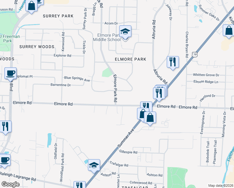 map of restaurants, bars, coffee shops, grocery stores, and more near 2424 Elmore Park Road in Bartlett
