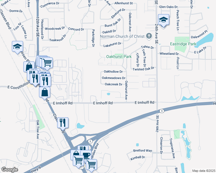 map of restaurants, bars, coffee shops, grocery stores, and more near 1902 Oakcreek Dr in Norman