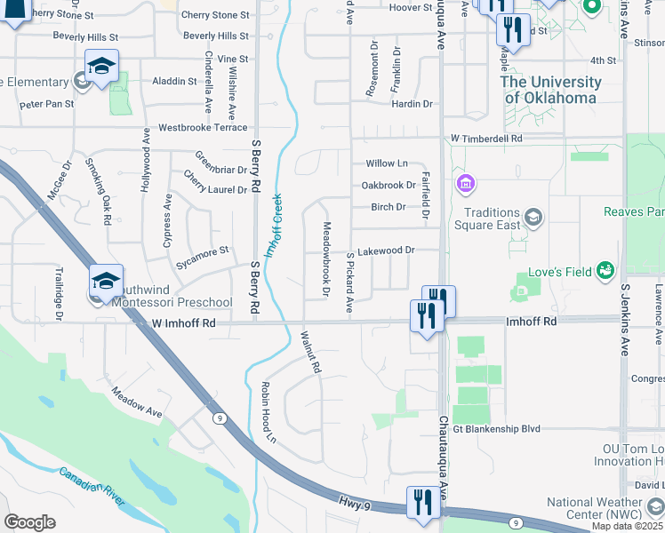 map of restaurants, bars, coffee shops, grocery stores, and more near 2710 South Pickard Avenue in Norman