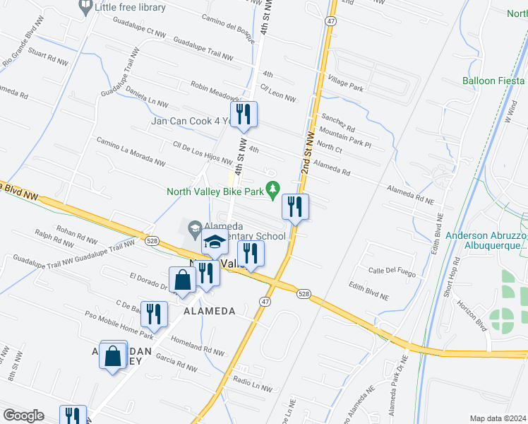 map of restaurants, bars, coffee shops, grocery stores, and more near 9660 4th Street Northwest in Albuquerque