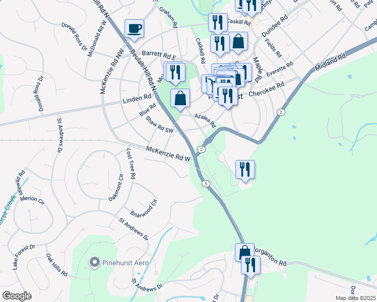 map of restaurants, bars, coffee shops, grocery stores, and more near 15 Beulah Hill Road North in Pinehurst