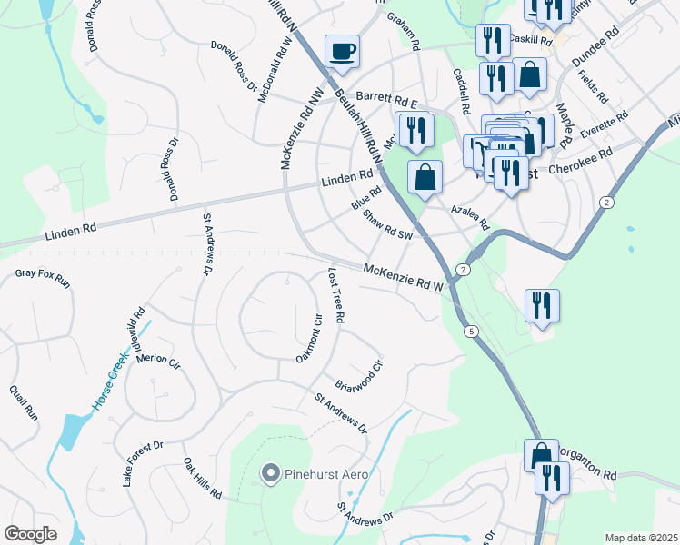 map of restaurants, bars, coffee shops, grocery stores, and more near 10 Lost Tree Road in Pinehurst