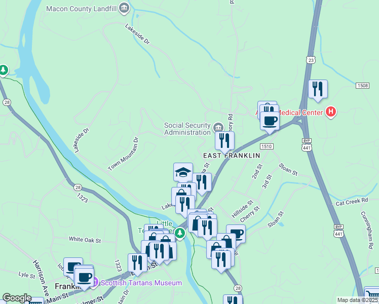 map of restaurants, bars, coffee shops, grocery stores, and more near 119 Randolph Street in Franklin