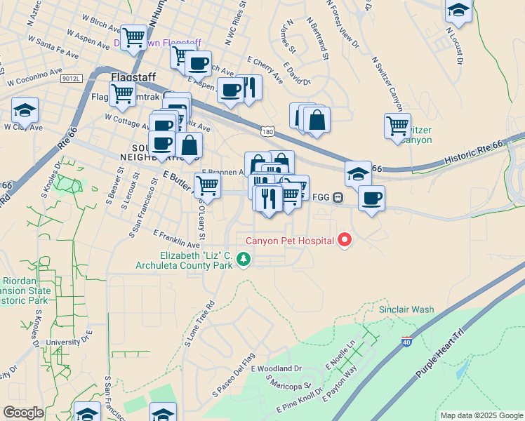 map of restaurants, bars, coffee shops, grocery stores, and more near 530 Piccadilly Drive in Flagstaff