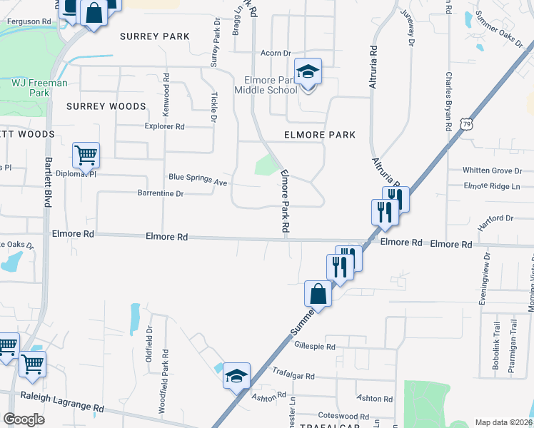 map of restaurants, bars, coffee shops, grocery stores, and more near 6237 Ivanhoe Road in Bartlett