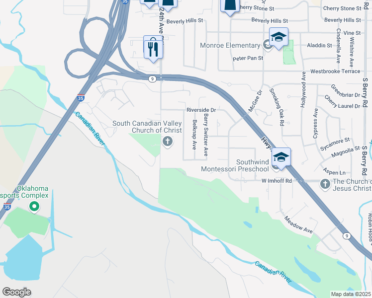 map of restaurants, bars, coffee shops, grocery stores, and more near 2801 Belknap Avenue in Norman