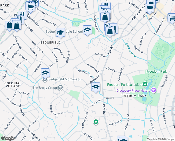 map of restaurants, bars, coffee shops, grocery stores, and more near 1001 Habersham Drive in Charlotte