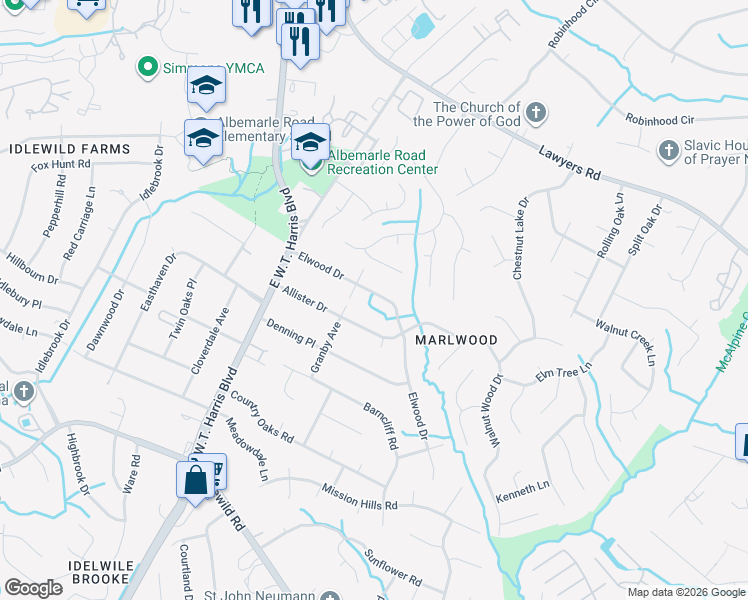 map of restaurants, bars, coffee shops, grocery stores, and more near 7418 Elwood Drive in Charlotte