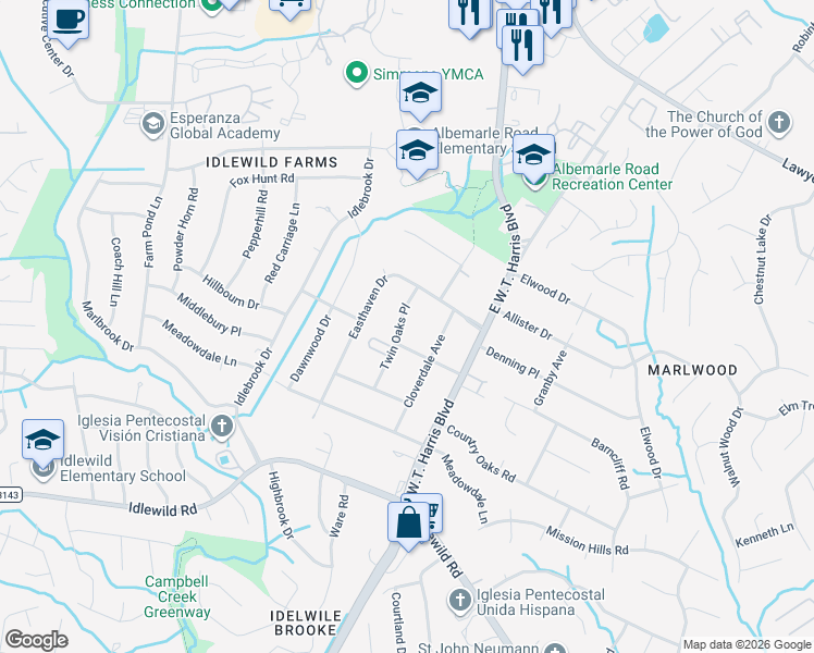 map of restaurants, bars, coffee shops, grocery stores, and more near 4614 Twin Oaks Place in Charlotte