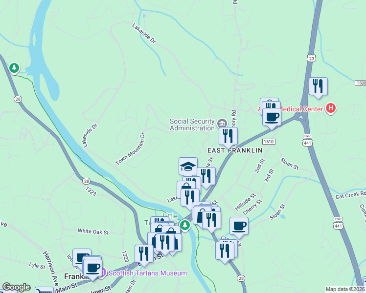 map of restaurants, bars, coffee shops, grocery stores, and more near 150 Randolph St in Franklin