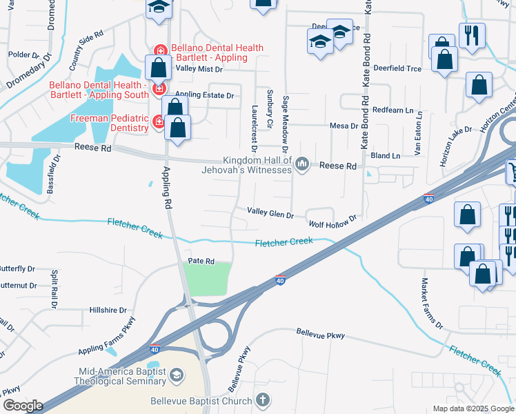 map of restaurants, bars, coffee shops, grocery stores, and more near 7606 Valley Glen Drive in Memphis