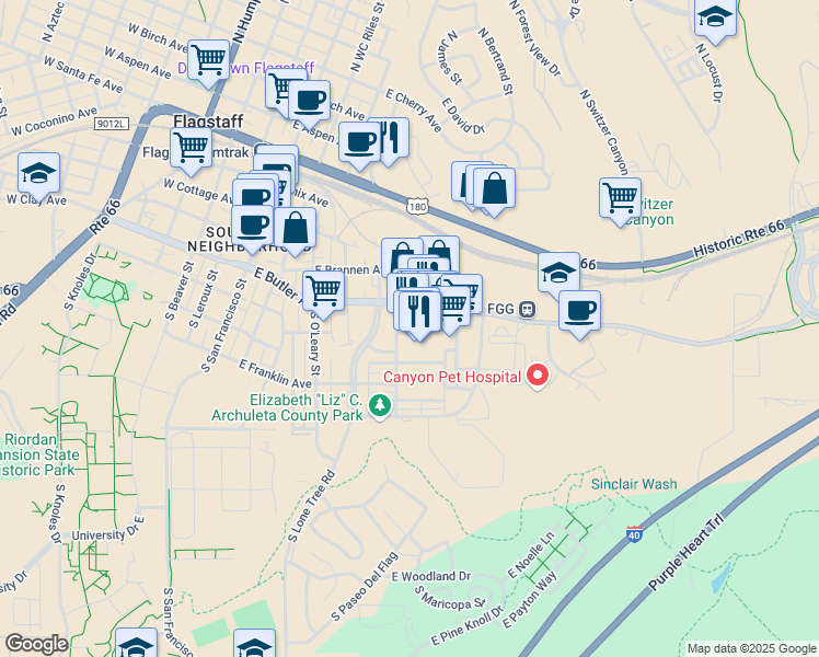 map of restaurants, bars, coffee shops, grocery stores, and more near 530 Piccadilly Drive in Flagstaff