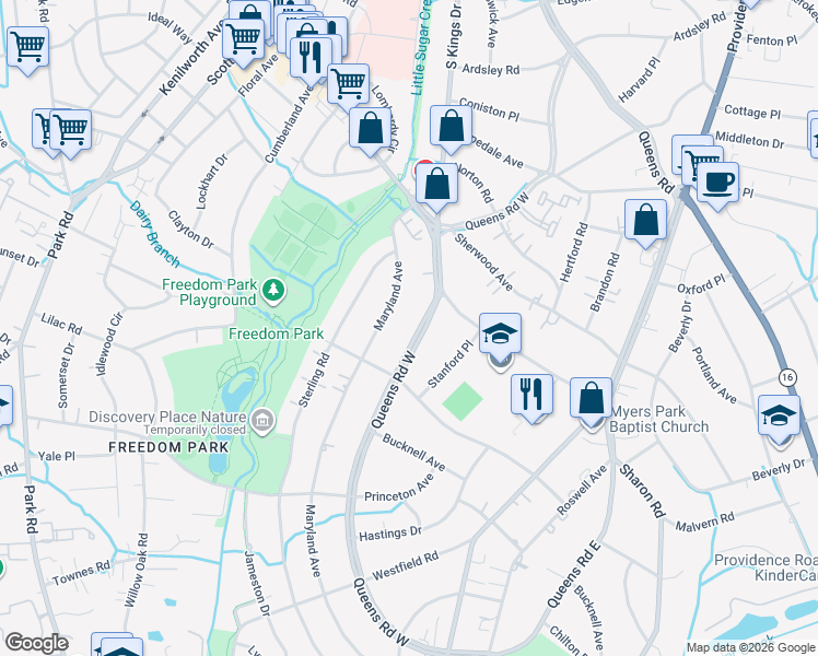 map of restaurants, bars, coffee shops, grocery stores, and more near 1534 Queens Road West in Charlotte