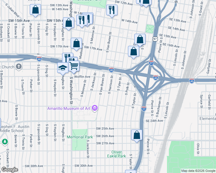 map of restaurants, bars, coffee shops, grocery stores, and more near 1930 South Harrison Street in Amarillo