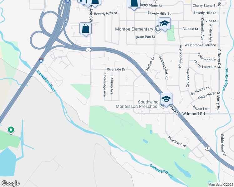 map of restaurants, bars, coffee shops, grocery stores, and more near 2708 Belknap Avenue in Norman