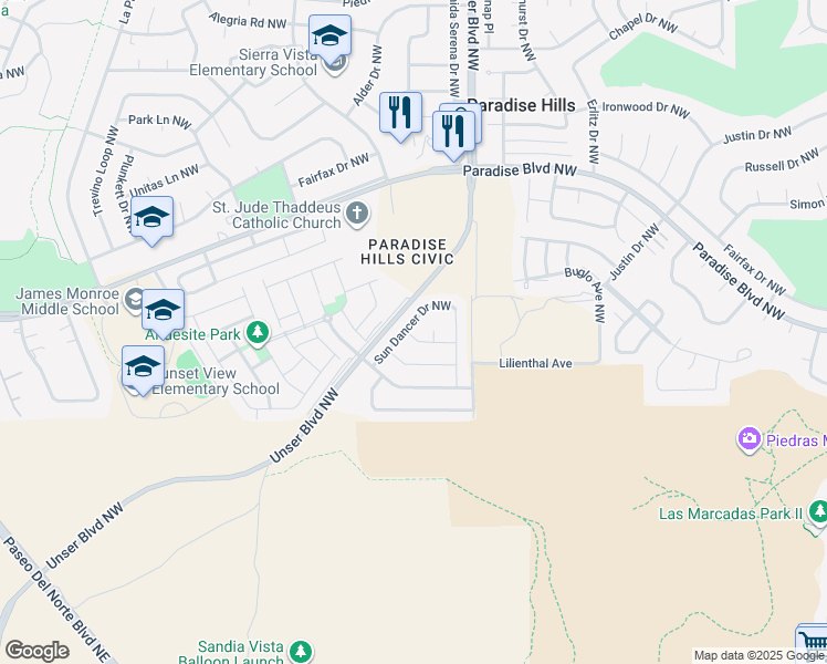 map of restaurants, bars, coffee shops, grocery stores, and more near 9600 Sun Dancer Drive Northwest in Albuquerque