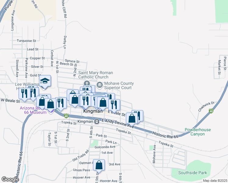 map of restaurants, bars, coffee shops, grocery stores, and more near 519 East Spring Street in Kingman
