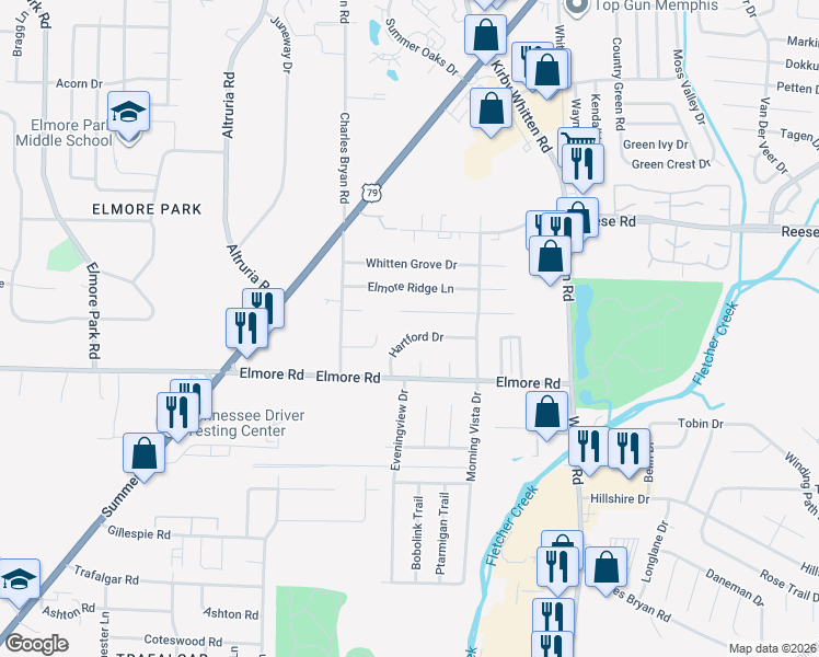 map of restaurants, bars, coffee shops, grocery stores, and more near 6630 Hartford Drive in Bartlett