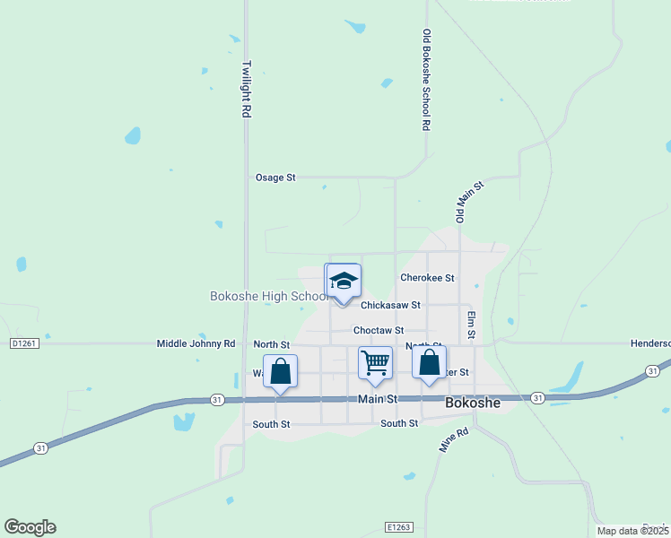 map of restaurants, bars, coffee shops, grocery stores, and more near 22766 Kentucky Street in Bokoshe