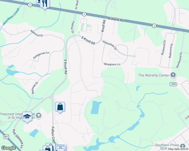 map of restaurants, bars, coffee shops, grocery stores, and more near 37 Plantation Drive in Southern Pines