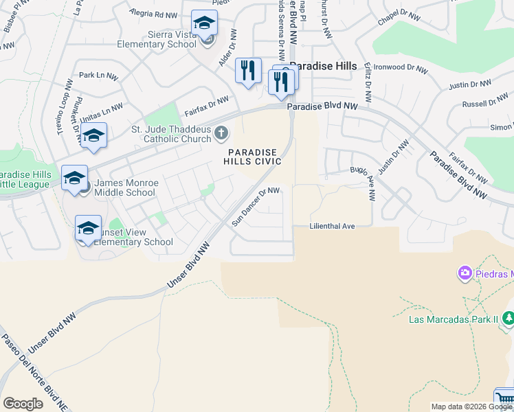 map of restaurants, bars, coffee shops, grocery stores, and more near 9600 Sun Dancer Drive Northwest in Albuquerque