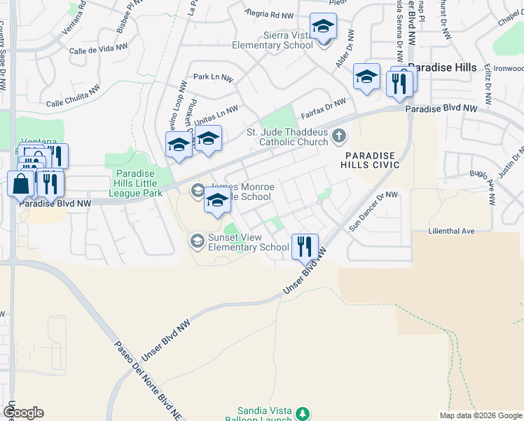 map of restaurants, bars, coffee shops, grocery stores, and more near 6028 Jagged Peak Road Northwest in Albuquerque