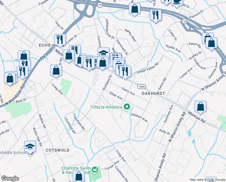 map of restaurants, bars, coffee shops, grocery stores, and more near 4735 Elder Avenue in Charlotte