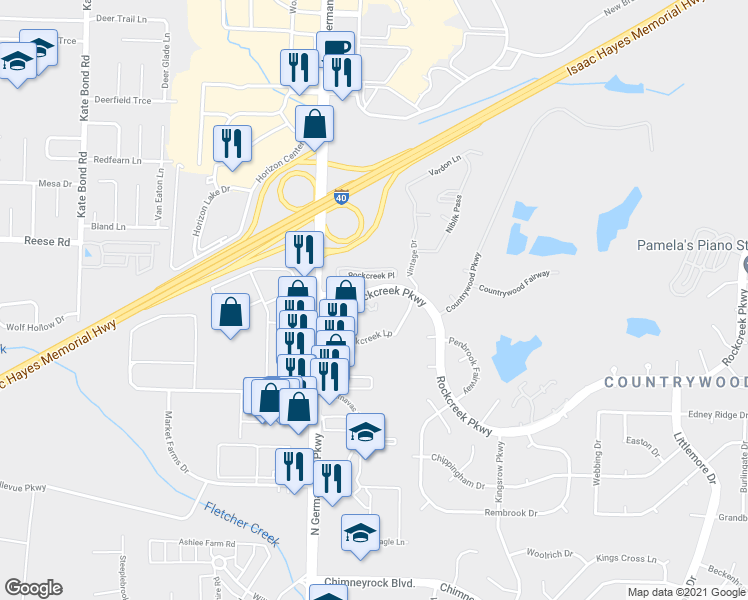 map of restaurants, bars, coffee shops, grocery stores, and more near 2416 East End Row in Memphis