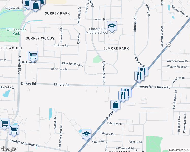 map of restaurants, bars, coffee shops, grocery stores, and more near 6237 Ivanhoe Road in Bartlett