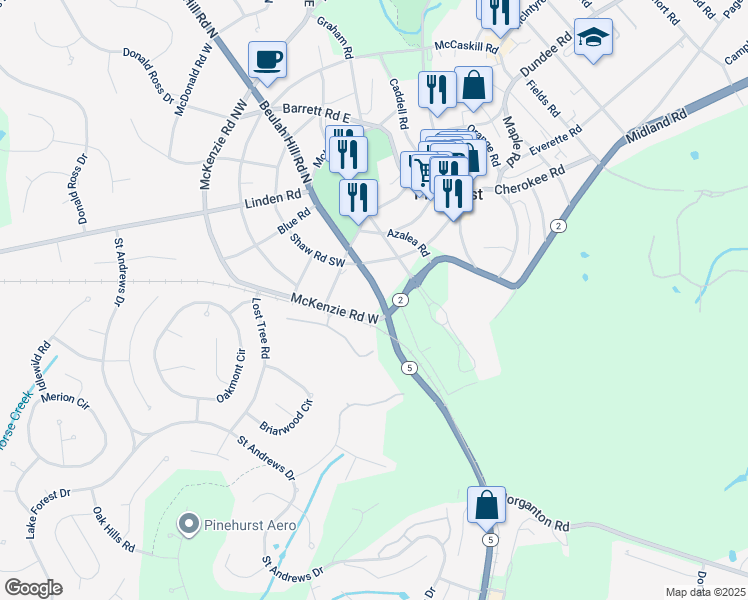 map of restaurants, bars, coffee shops, grocery stores, and more near 15 Beulah Hill Road North in Pinehurst