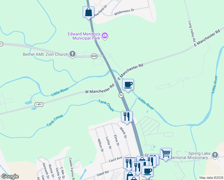 map of restaurants, bars, coffee shops, grocery stores, and more near 131 West Manchester Road in Spring Lake
