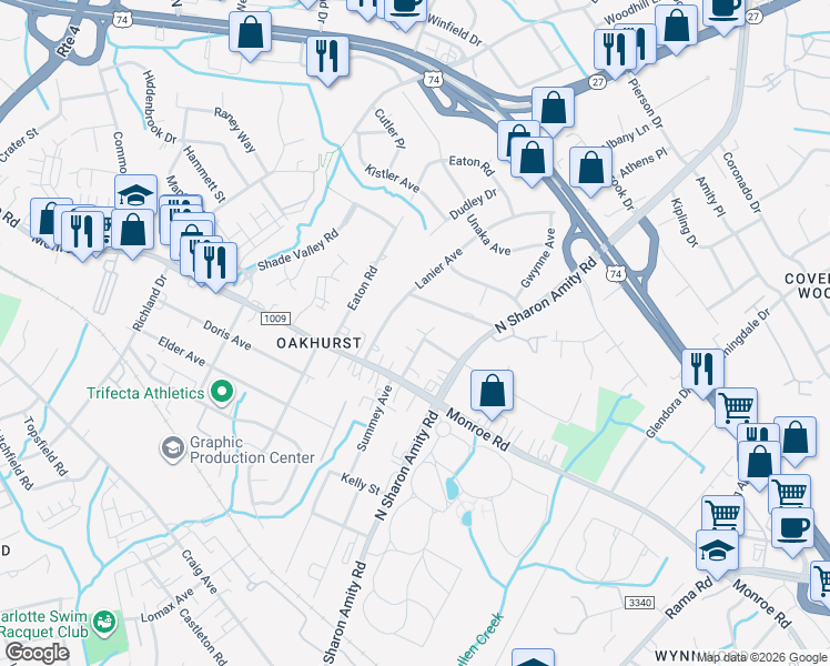 map of restaurants, bars, coffee shops, grocery stores, and more near in Charlotte