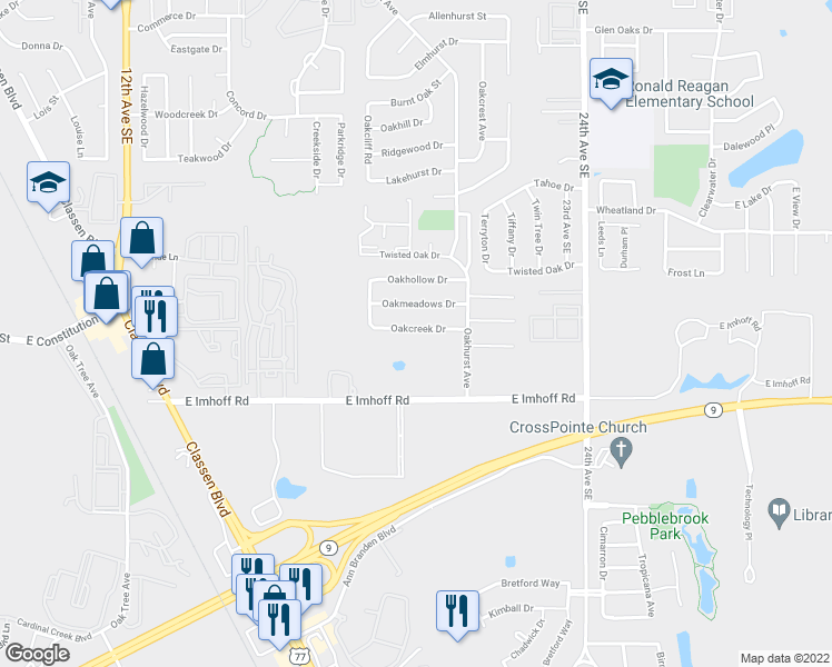 map of restaurants, bars, coffee shops, grocery stores, and more near 1914 Oakcreek Drive in Norman