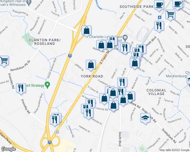 map of restaurants, bars, coffee shops, grocery stores, and more near 4001 South Tryon Street in Charlotte