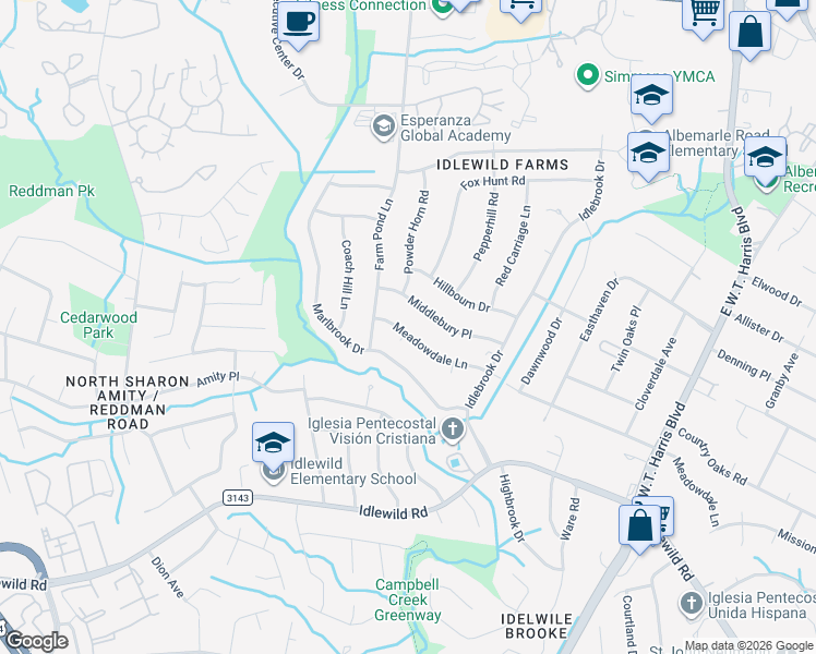 map of restaurants, bars, coffee shops, grocery stores, and more near 7335 Meadowdale Lane in Charlotte