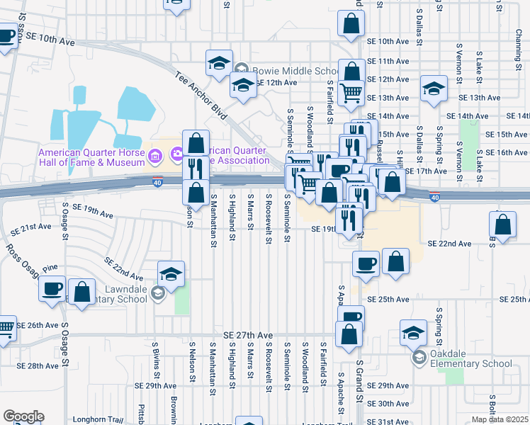 map of restaurants, bars, coffee shops, grocery stores, and more near 1716 South Roosevelt Street in Amarillo